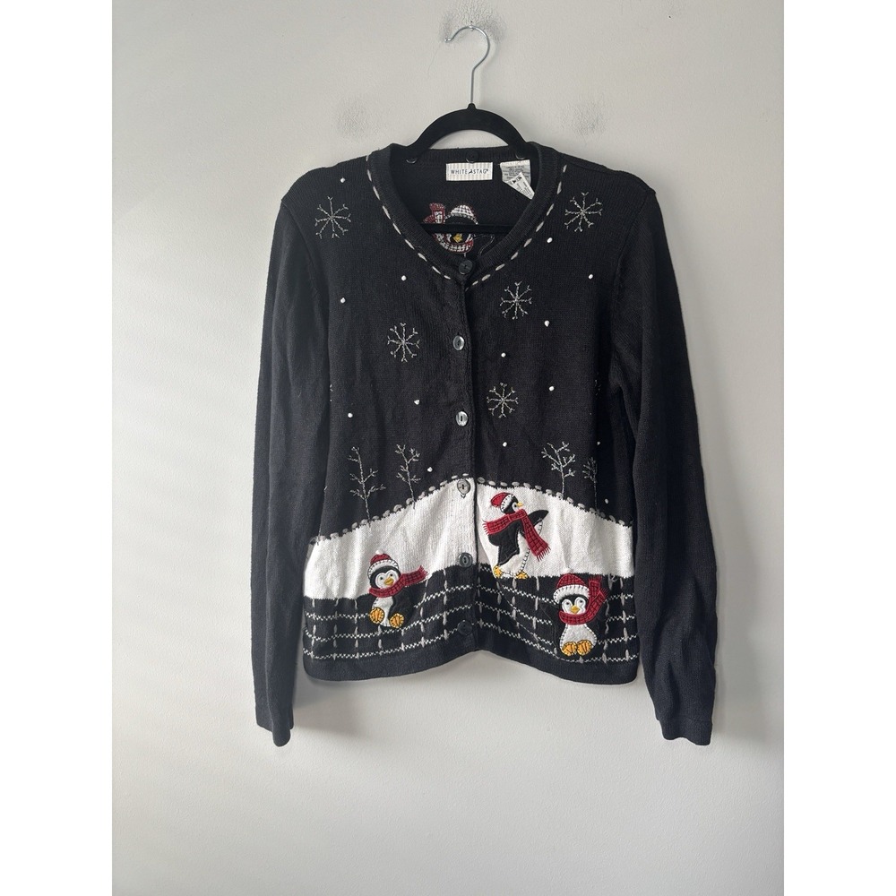 White Stag Women's Vintage Knit Cardigan Winter‎ Penguin Snowflakes Black Sz Med